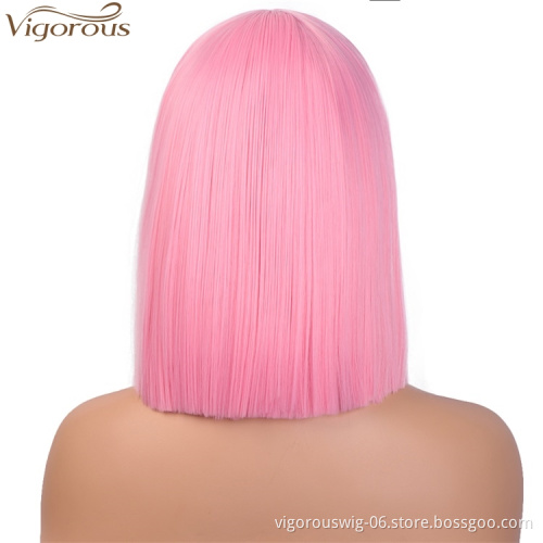 Vigorous Pink Wig Synthetic Straight Hair Middle Part Shoulder Length Bob Wigs for Women Colorful Fashion Bob Wigs